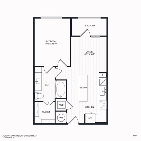 Floor plan for 1 bed, 1 bath, 633 sqft