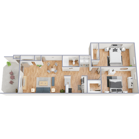 Floor plan for 2 beds, 1 bath, 840 sqft