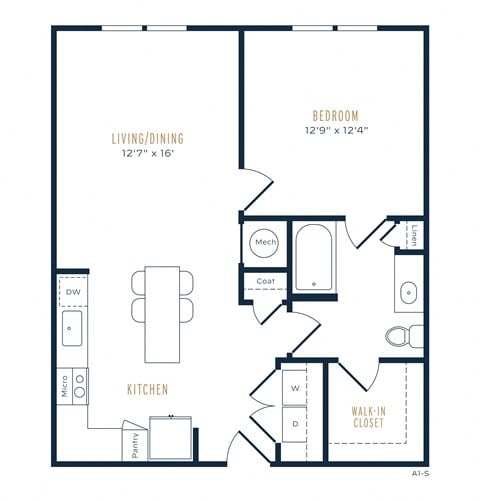 Floor plan for 1 bed, 1 bath, 782 sqft