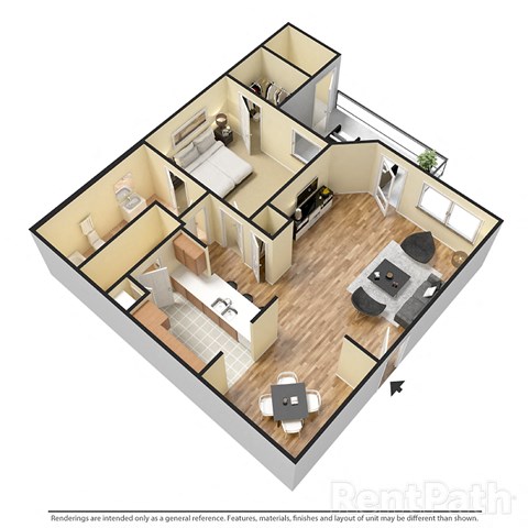 Floor plan for 1 bed, 1 bath, 722 sqft