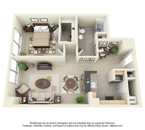 Floor plan for 1 bed, 1 bath, 749 sqft