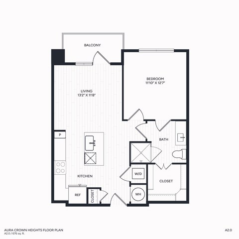 Floor plan for 1 bed, 1 bath, 676 sqft