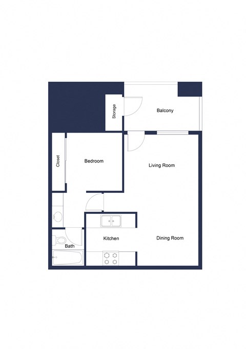 Floor plan for 1 bed, 1 bath, 611 sqft