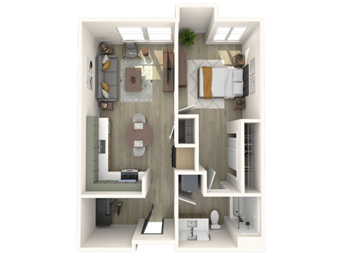 Floor plan for 1 bed, 1 bath, 669 sqft