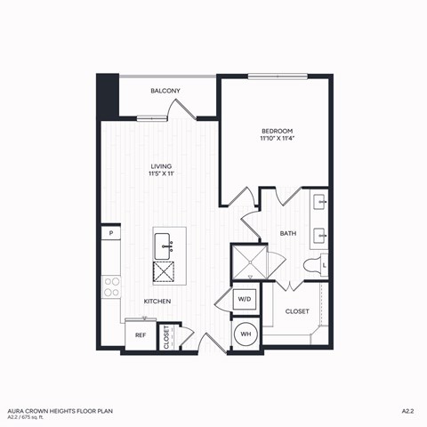 Floor plan for 1 bed, 1 bath, 675 sqft