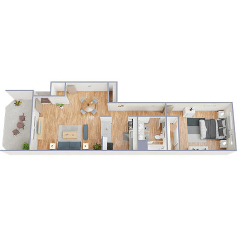 Floor plan for 1 bed, 1 bath, 608 sqft