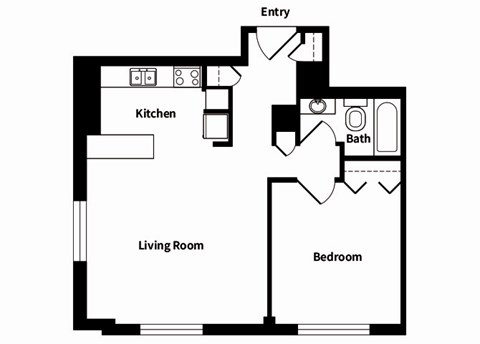 Floor plan for 1 bed, 1 bath, 630 sqft