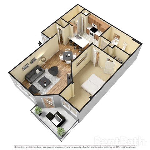 Floor plan for 1 bed, 1 bath, 763 sqft
