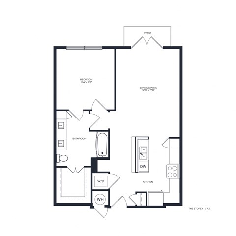 Floor plan for 1 bed, 1 bath, 784 sqft