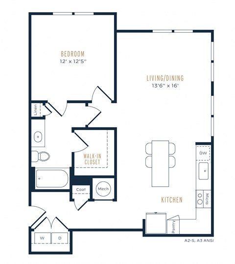 Floor plan for 1 bed, 1 bath, 836 sqft