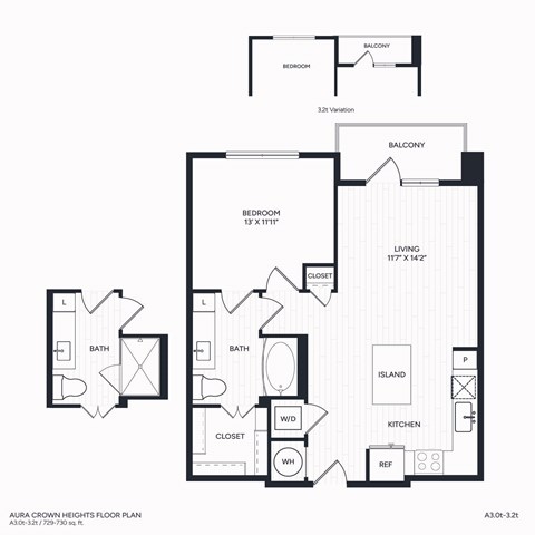 Floor plan for 1 bed, 1 bath, 729 sqft