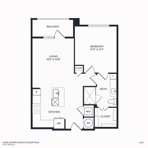 Floor plan for 1 bed, 1 bath, 768 sqft