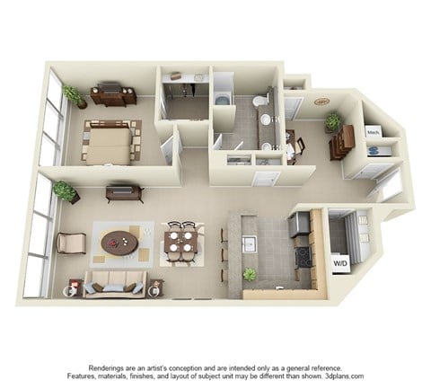 Floor plan for 1 bed, 1 bath, 1030 sqft