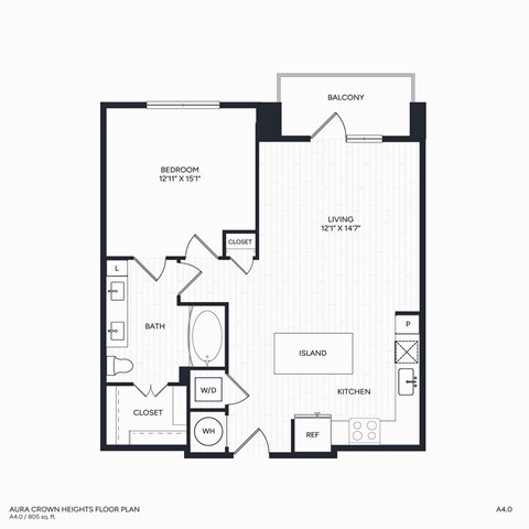Floor plan for 1 bed, 1 bath, 805 sqft