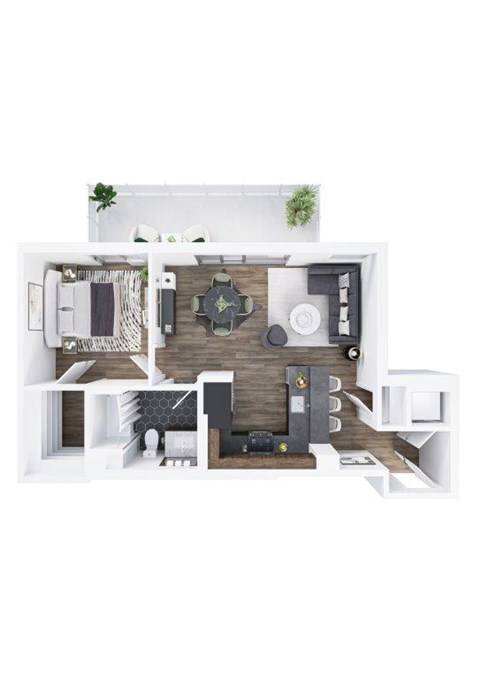 Floor plan for 1 bed, 1 bath, 734 sqft