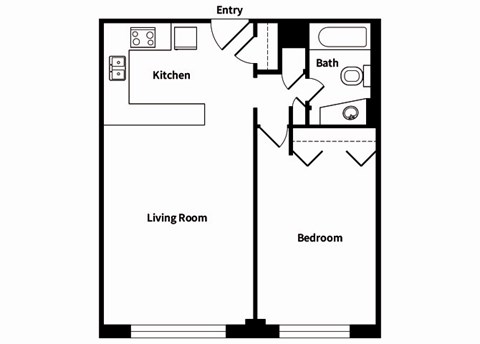 Floor plan for 1 bed, 1 bath, 650 sqft