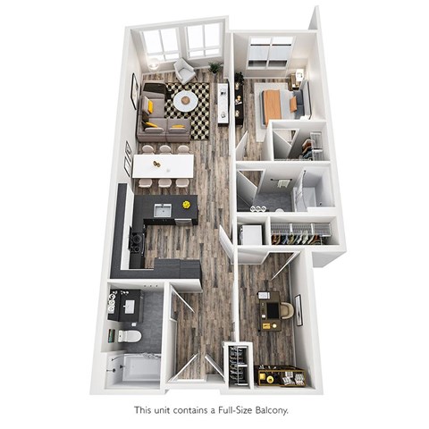 Floor plan for 1 bed, 2 baths, 844 sqft
