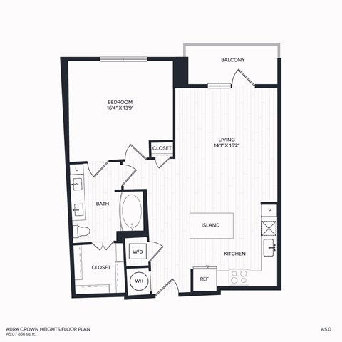 Floor plan for 1 bed, 1 bath, 856 sqft