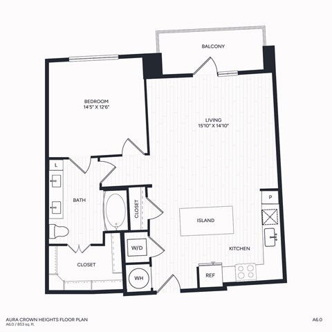 Floor plan for 1 bed, 1 bath, 853 sqft
