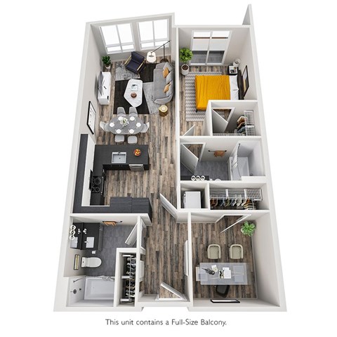 Floor plan for 1 bed, 1 bath, 958 sqft