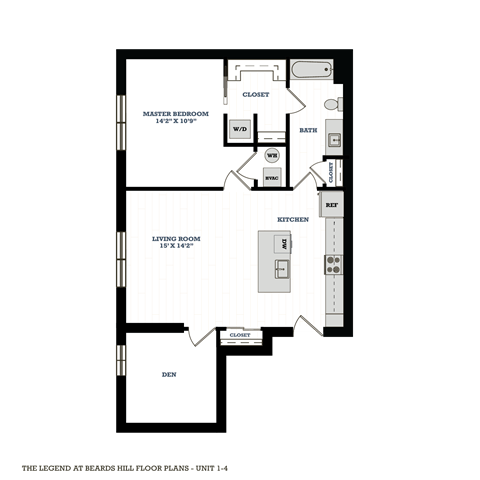 Floor plan for 1 bed, 1 bath, 839 sqft