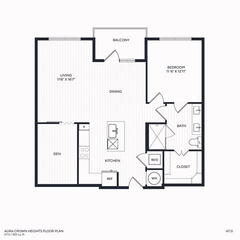 Floor plan for 1 bed, 1 bath, 982 sqft