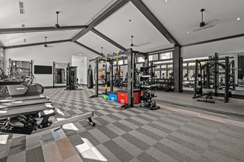 Fitness lounge with cardio theater, strength equipment, free weights and yoga/spin area with echelon reflect and peloton bikes