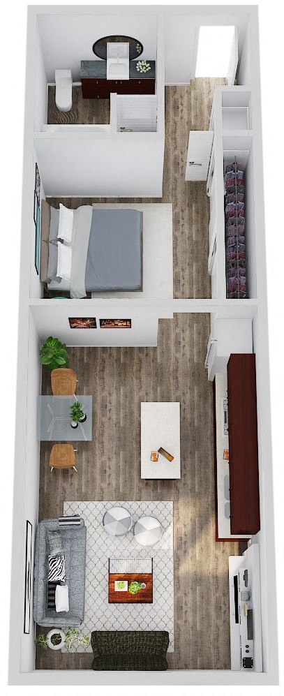 Floor plan for 1 bed, 1 bath, 721 sqft