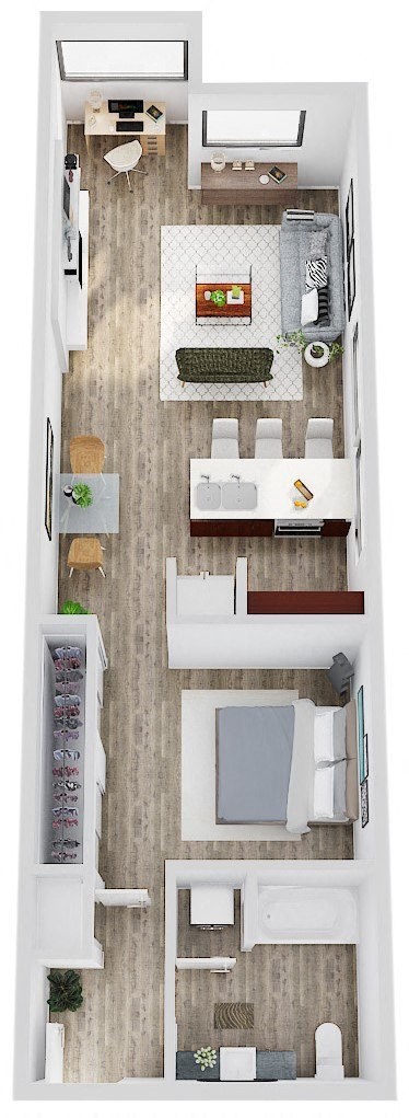 Floor plan for 1 bed, 1 bath, 723 sqft