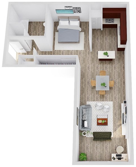 Floor plan for 1 bed, 1 bath, 789 sqft