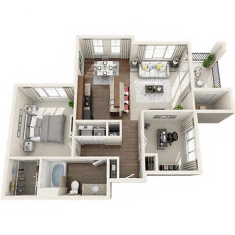 Floor plan for 1 bed, 1 bath, 970 sqft