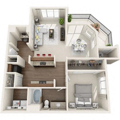 Floor plan for 1 bed, 1 bath, 935 sqft