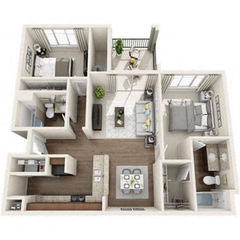 Floor plan for 2 beds, 2 baths, 1135 sqft