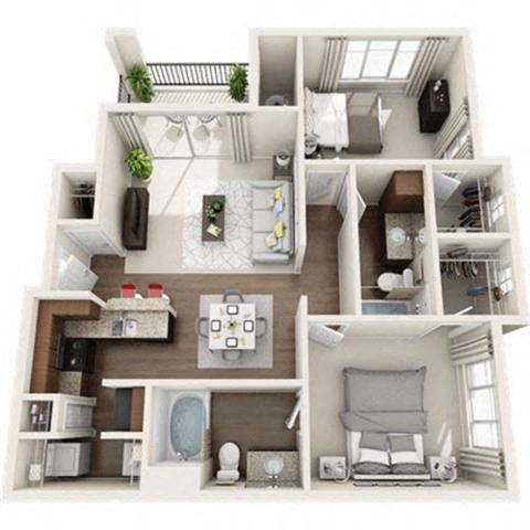 Floor plan for 2 beds, 2 baths, 1085 sqft