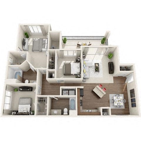 Floor plan for 3 beds, 2 baths, 1355 sqft