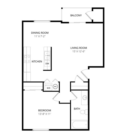 Floor plan for 1 bed, 1 bath, 713 sqft