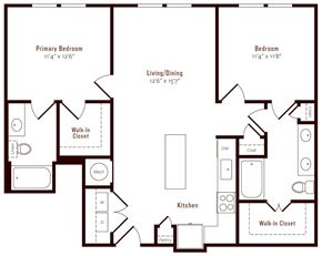 Denver apartment for rent - A floor plan of a home with a primary bedroom, a bedroom, a living/dining area, a kitchen, and two walk-in closets.