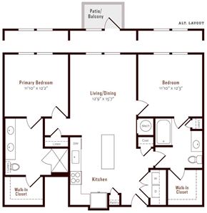 Denver apartment for rent - A floor plan of a home with a living room, two bedrooms, a kitchen, and a walk-in closet.