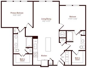 Denver apartment for rent - A floor plan of a home with a primary bedroom, living/dining area, kitchen, pantry, and two bathrooms.