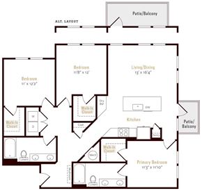 Denver apartment for rent - A floor plan of a home with a living room, two bedrooms, a kitchen, and a primary bedroom.