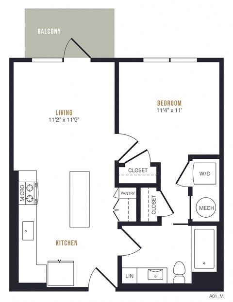 Floor plan for 1 bed, 1 bath, 624 sqft