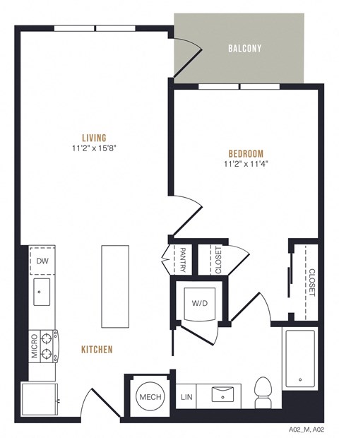 Floor plan for 1 bed, 1 bath, 679 sqft