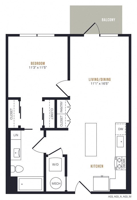 Floor plan for 1 bed, 1 bath, 732 sqft