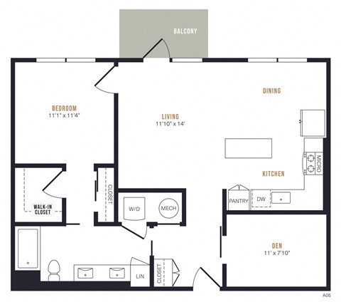 Floor plan for 1 bed, 1 bath, 938 sqft