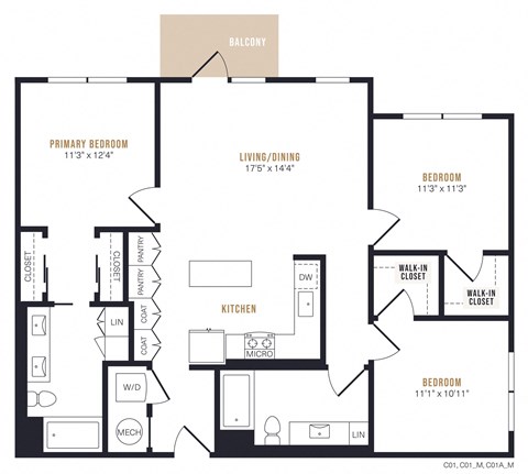 Floor plan for 3 beds, 2 baths, 1309 sqft