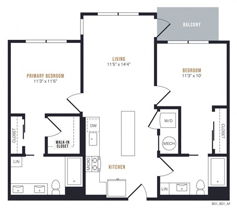Floor plan for 2 beds, 2 baths, 992 sqft