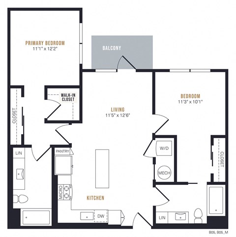 Floor plan for 2 beds, 2 baths, 1058 sqft