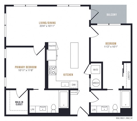 Floor plan for 2 beds, 2 baths, 1063 sqft