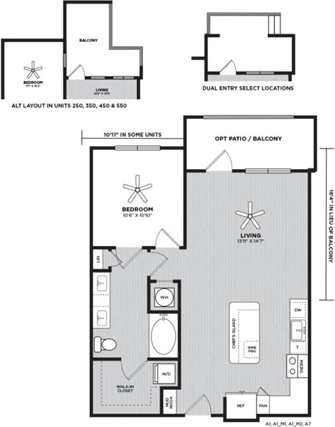 Floor plan for 1 bed, 1 bath, 759 sqft