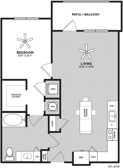 Floor plan for 1 bed, 1 bath, 757 sqft